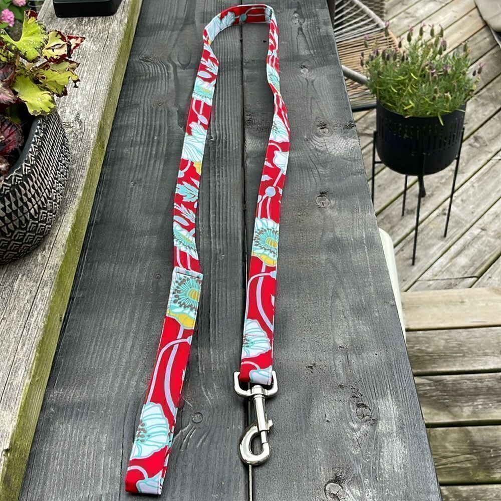 Dog Attired Red and Teal Floral Dog Leash. 60” Long, 1” Wide